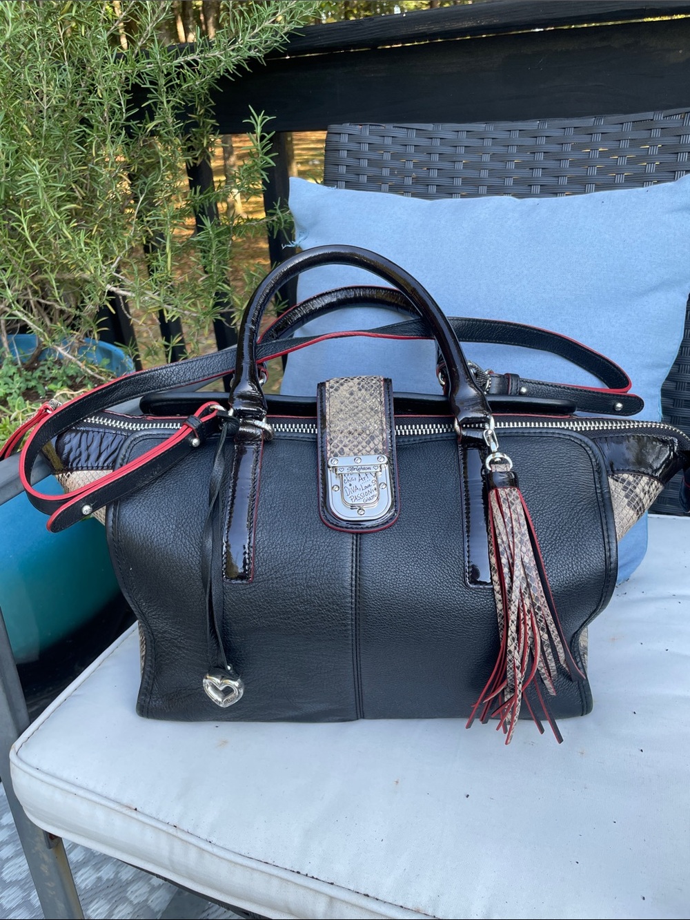 Brighton Black Satchel with Red Trim and Snakeskin Accents